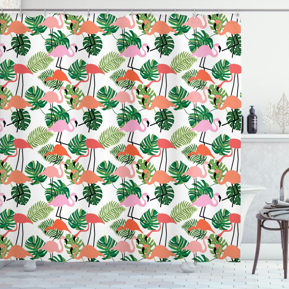 Chic Fusion: Hipster Flamingo Monstera Tropical Shower Curtain in Salmon, Pink, Green, and White