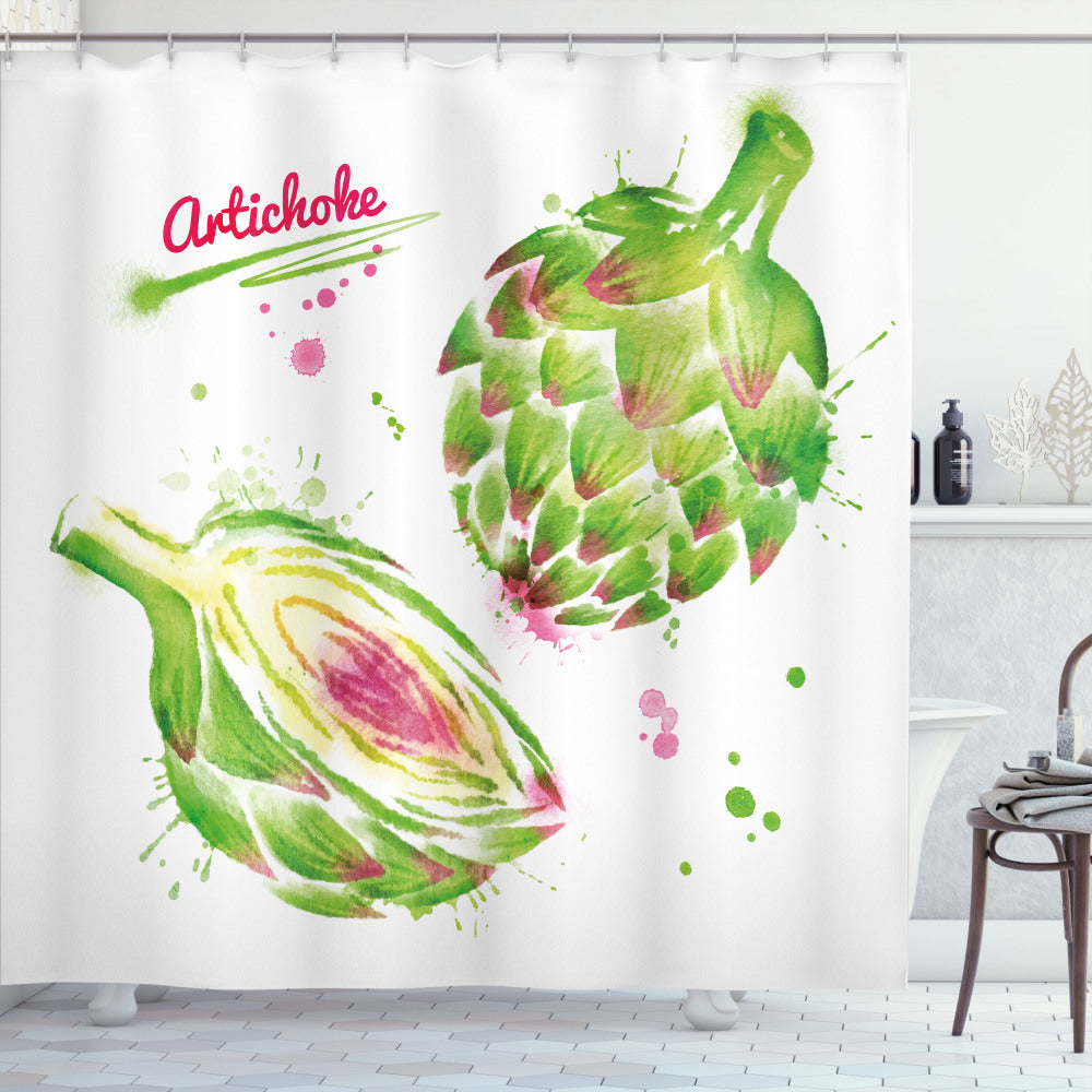 Artichoke, Apple Green, and Fuchsia Watercolor Super Food Bath Curtain