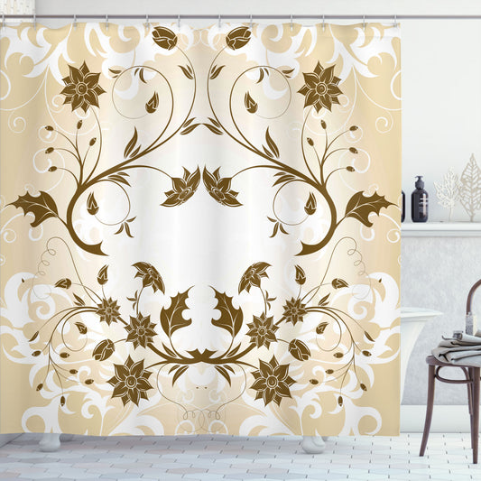 Swirled Petals and Leaves Floral Redwood White Cream Shower Curtain