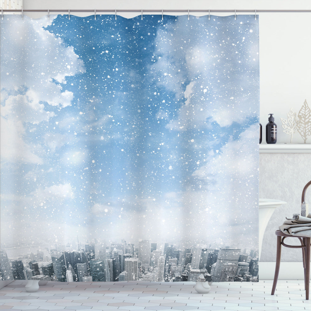 Winter Wonderland in New York: Blue Grey and White Snowfall Bath Curtain