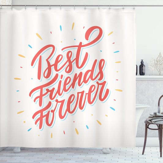 Vibrant Colorful Buddies Best Friend Art Shower Curtain in Coral, Deep Sky Blue, and Mustard