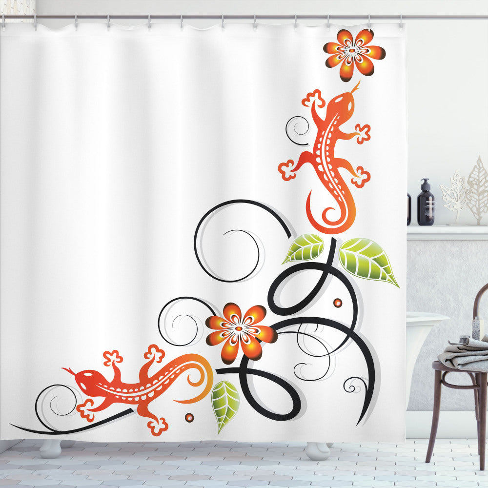 Tribal Tribal Orange, White, Black and Green Baby Lizard and Flower Shower Curtain