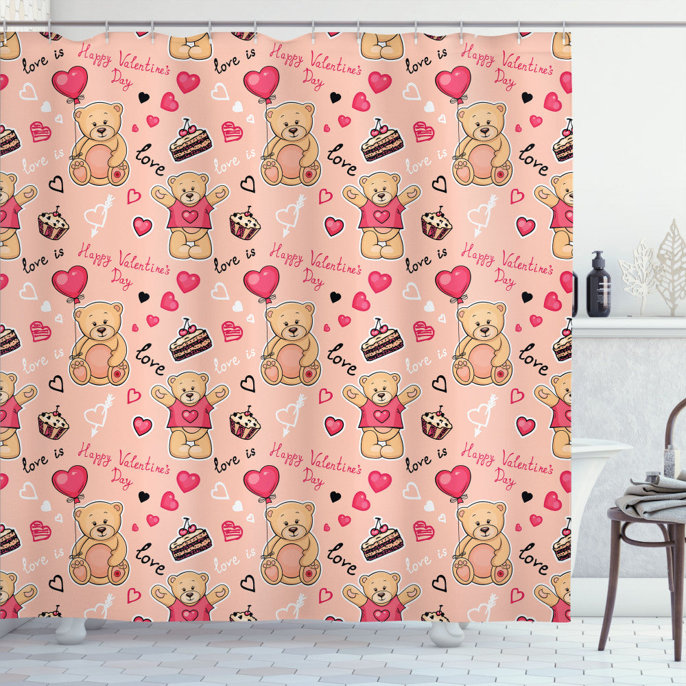 Valentines Bear Cake Balloon Shower Curtain in Brown, Peach, and Coral Colors