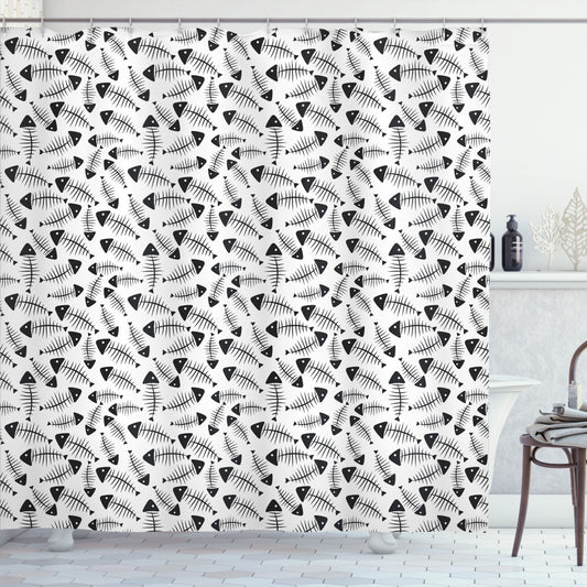 Whimsical Fish Bone Abstract: Trippy, Charcoal Grey, and White Shower Curtain