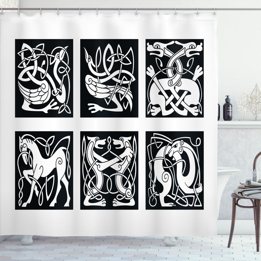 Abstract Celtic Tribal Animals in White and Black - Shower Curtain