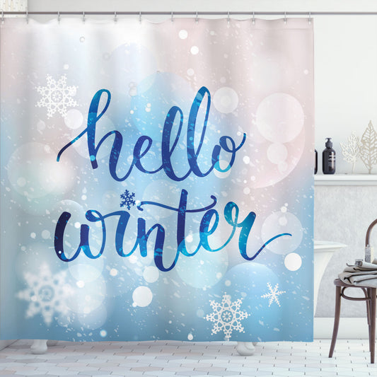 Winter Wonderland: Pale Pink, White, and Blue Snow Words Shower Curtain