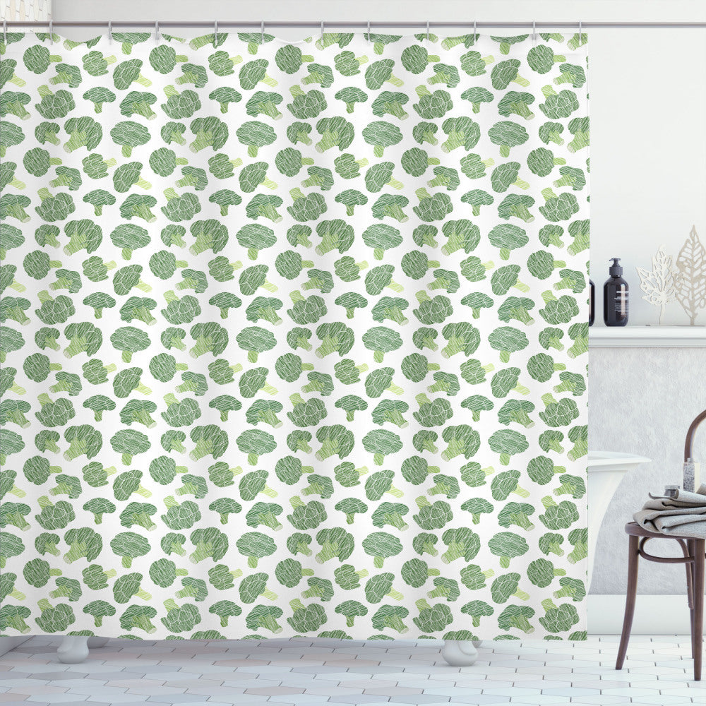 Vegetable-inspired Fern Green and Pale Green Broccoli Pattern Shower Curtain in White