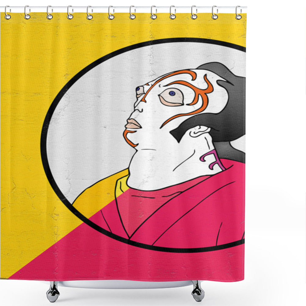 Artist Portrait with Kabuki Mask in Hot Pink, Yellow, and Black - Shower Curtain Design