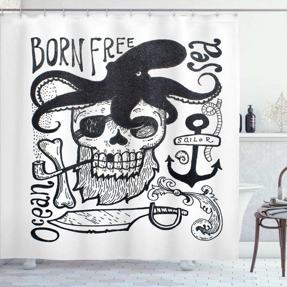 Vintage Nautical Tattoo Skull Pipe Smoker Design on Charcoal Grey and White Shower Curtain