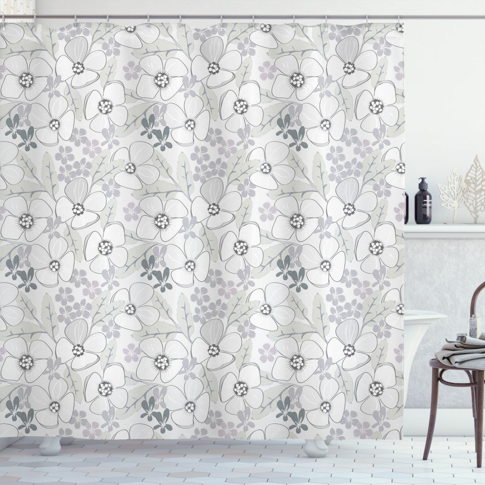 Abstract Floral Sketch on Pale Grey and White Shower Curtain