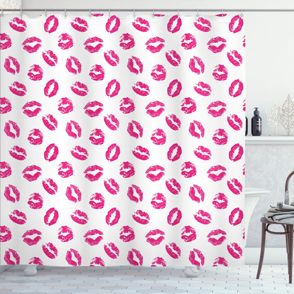 Vibrant Colored Lipstick Bath Curtain: Kiss Fuchsia and White