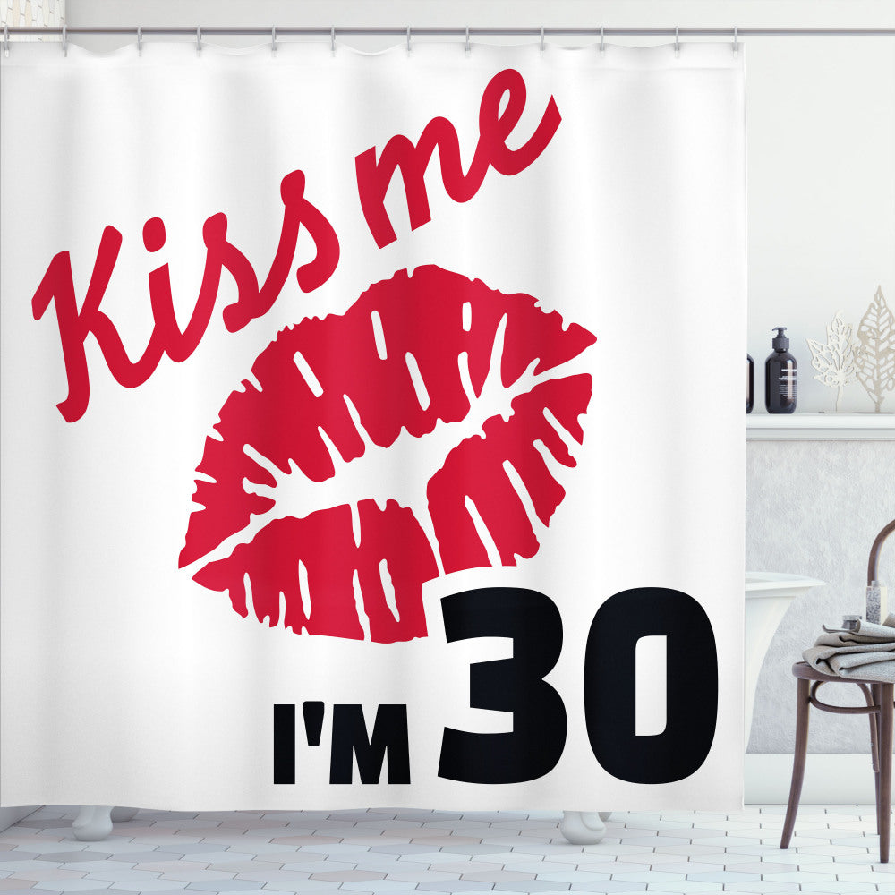 30th Birthday Kiss: White, Black, and Red Shower Curtain