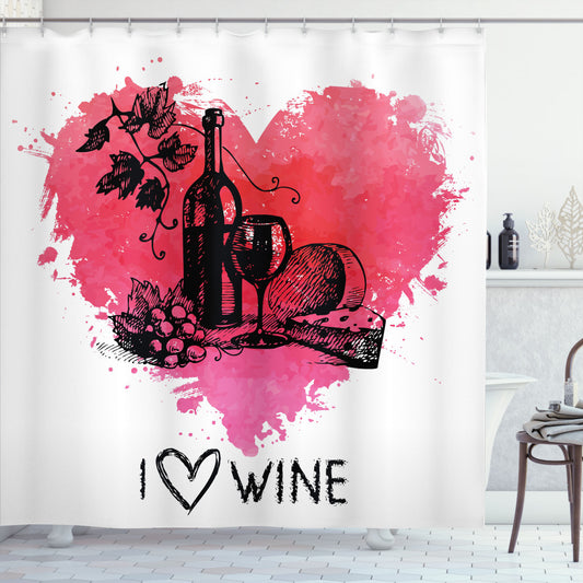 Watercolor Heart Sketch Shower Curtain in Wine, Black, Coral, and Pink palette