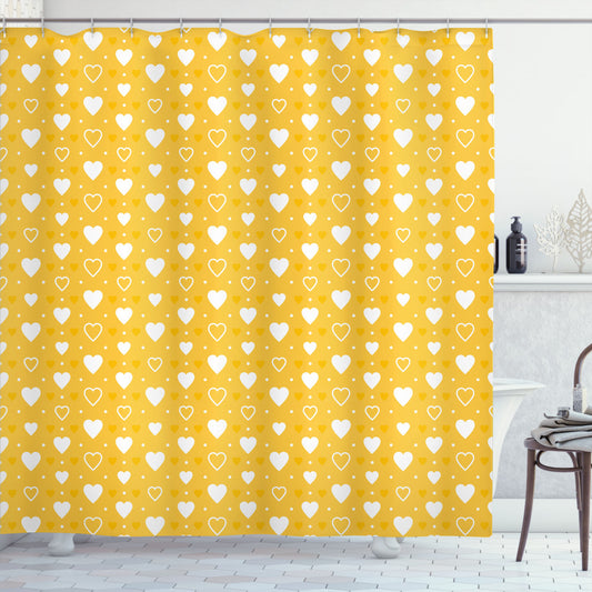 Yellow and White Heart Patterned Shower Curtain with Polka Dots