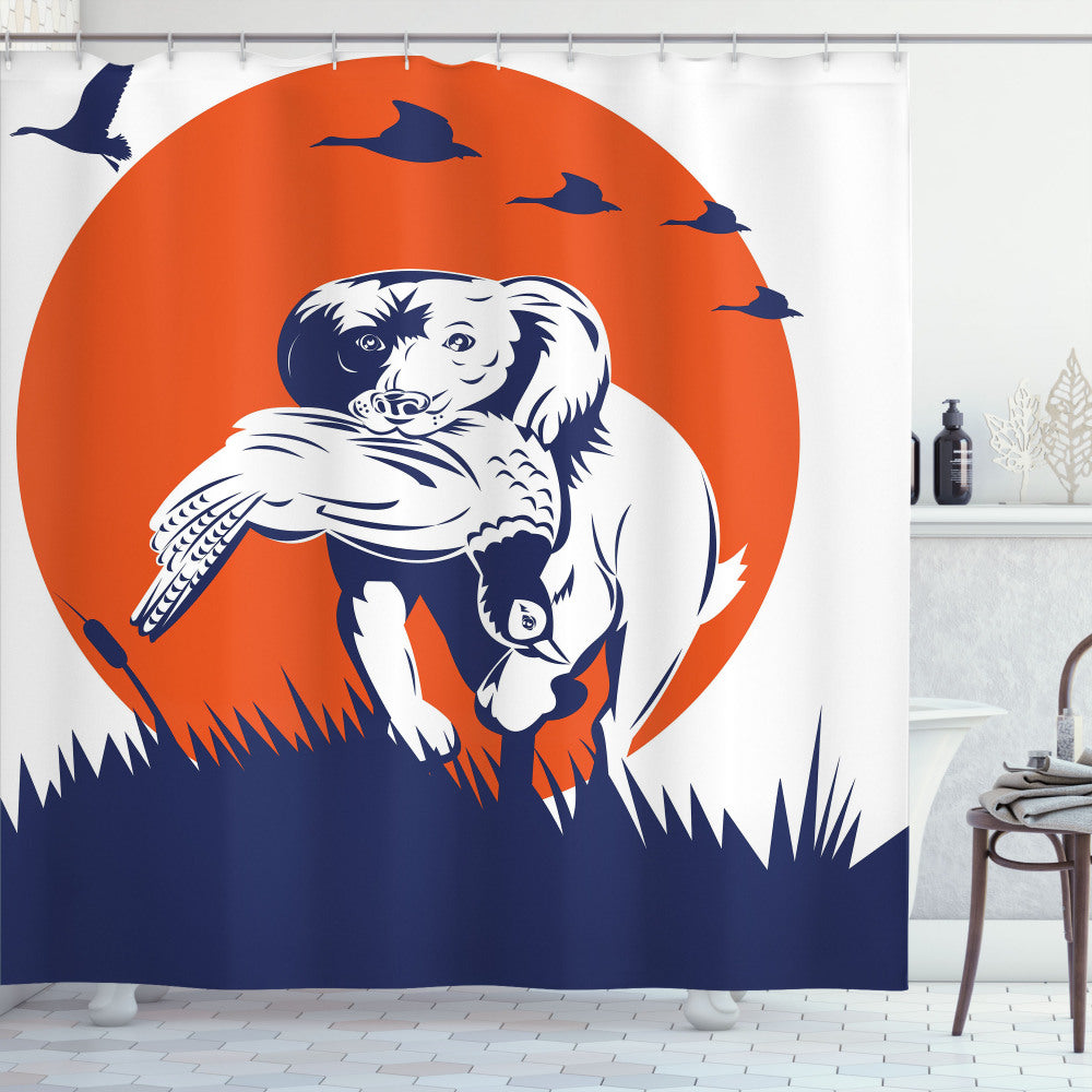 Cocker Dog and Ducks Hunting Theme Shower Curtain in Dark Blue, Orange, and White