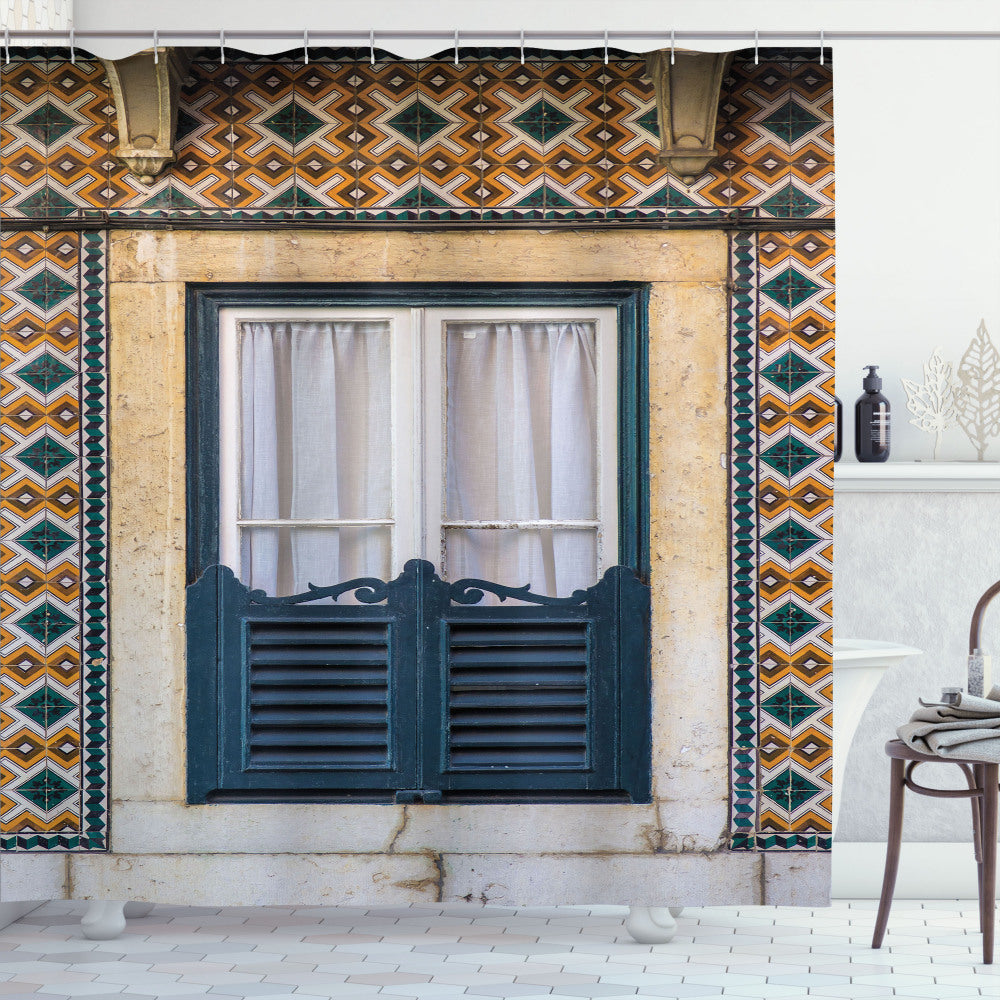 Vintage Orange and Teal Shutters on Rural Window Shower Curtain