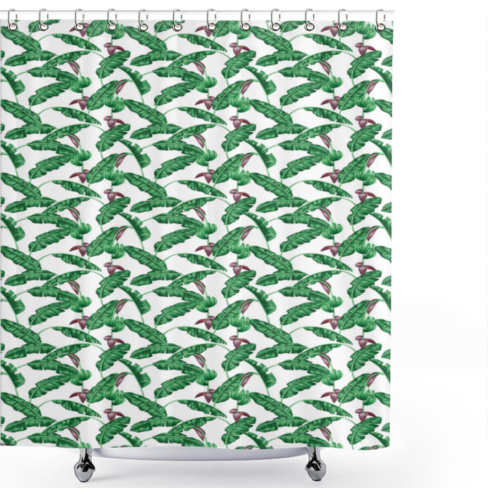 Banana Leaf, White, Green, and Plum Flowering Stems Shower Curtain