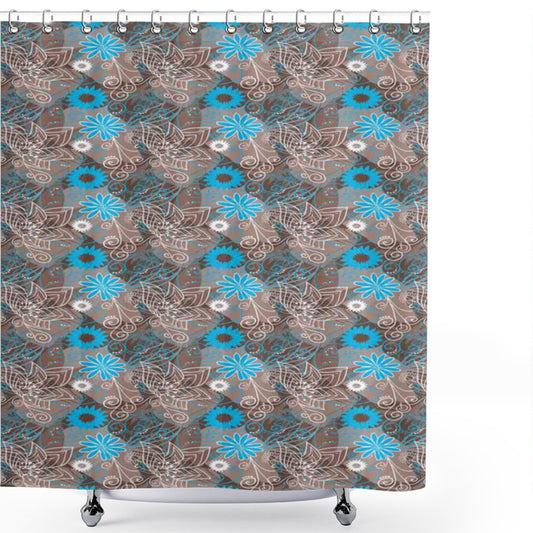 Abstract Doodle Flower Motifs in White, Brown, and Blue Shower Curtain