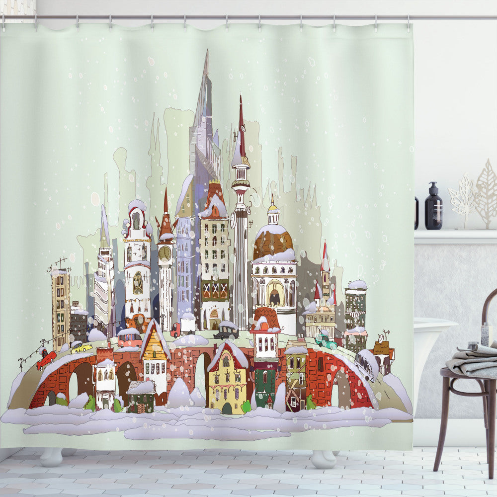 Christmas City Bath Curtain in Pale Green and Lavender