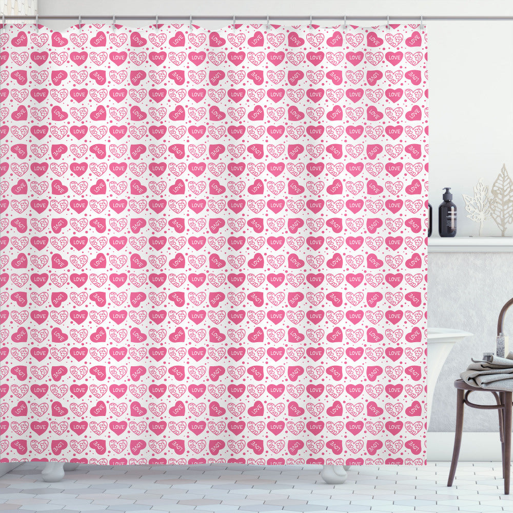 Vintage Valentine Floral Love Heart Pink and White Shower Curtain.