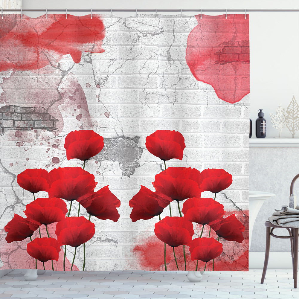 Vibrant Poppy Flower and Coconut Grove Design Shower Curtain in Grey and Red Rural Field Theme