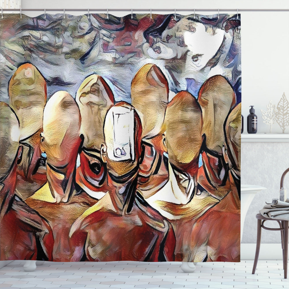 Abstract Surreal Faceless Men Art: Pastel Brown, Dark Salmon, Dark Ceil Blue, and Redbrown Shower Curtain