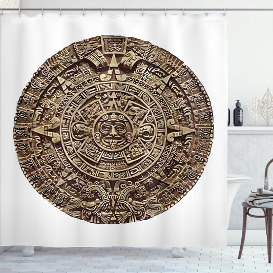 Aztec-themed Mexican Medallion Shower Curtain Ornament in Dark Brown and Dark Tan