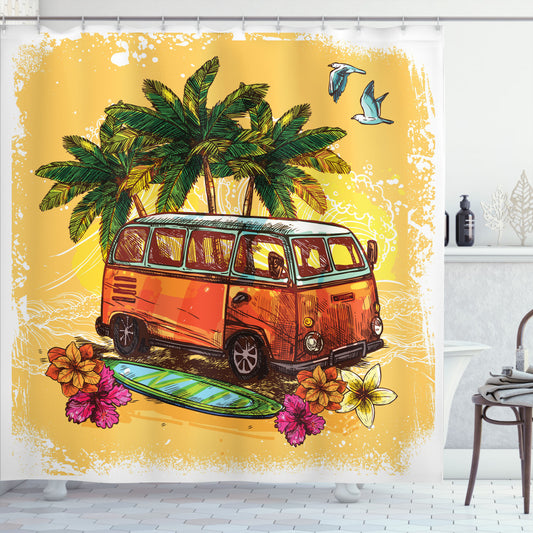 Bohemian Vintage Surf Bus Themed Shower Curtain in Vibrant Orange, Yellow, and Green