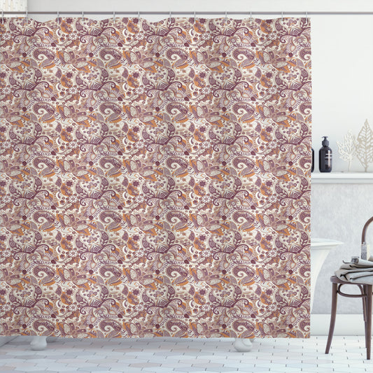 Vintage Paisley Floral Batik Shower Curtain in Dried Rose, Eggshell, and Ginger Tones