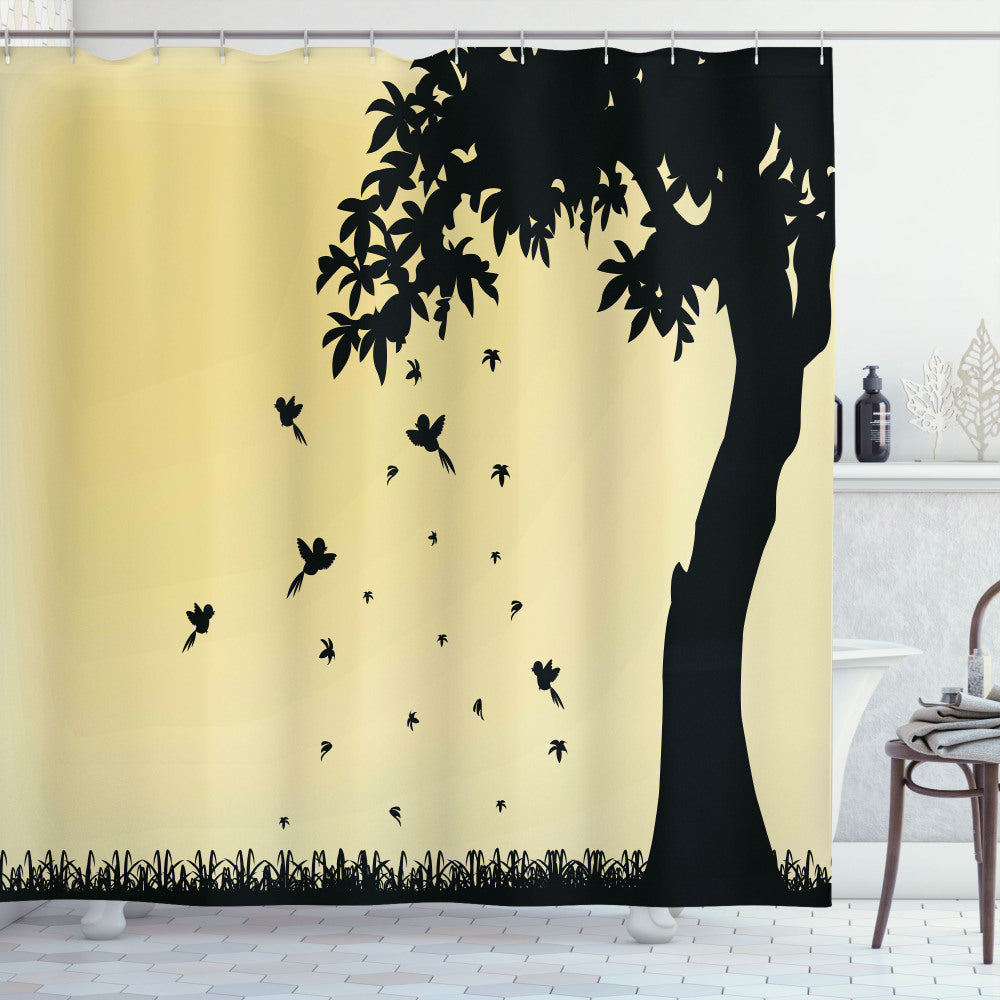 Autumn-Inspired Shower Curtain with Falling Leaves in Mustard and Black