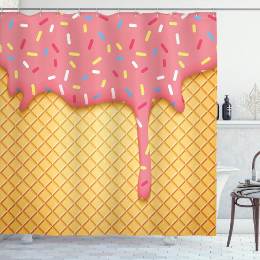 Transform Your Bathroom with Waffle Pattern Shower Curtain in Ice Cream, Mustard, and Coral Color Palette