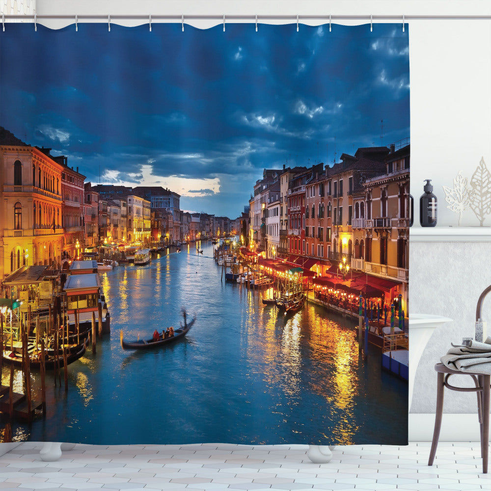 Venetian Charm: Indigo and Yellow Grand Canal Rialto View Shower Curtain