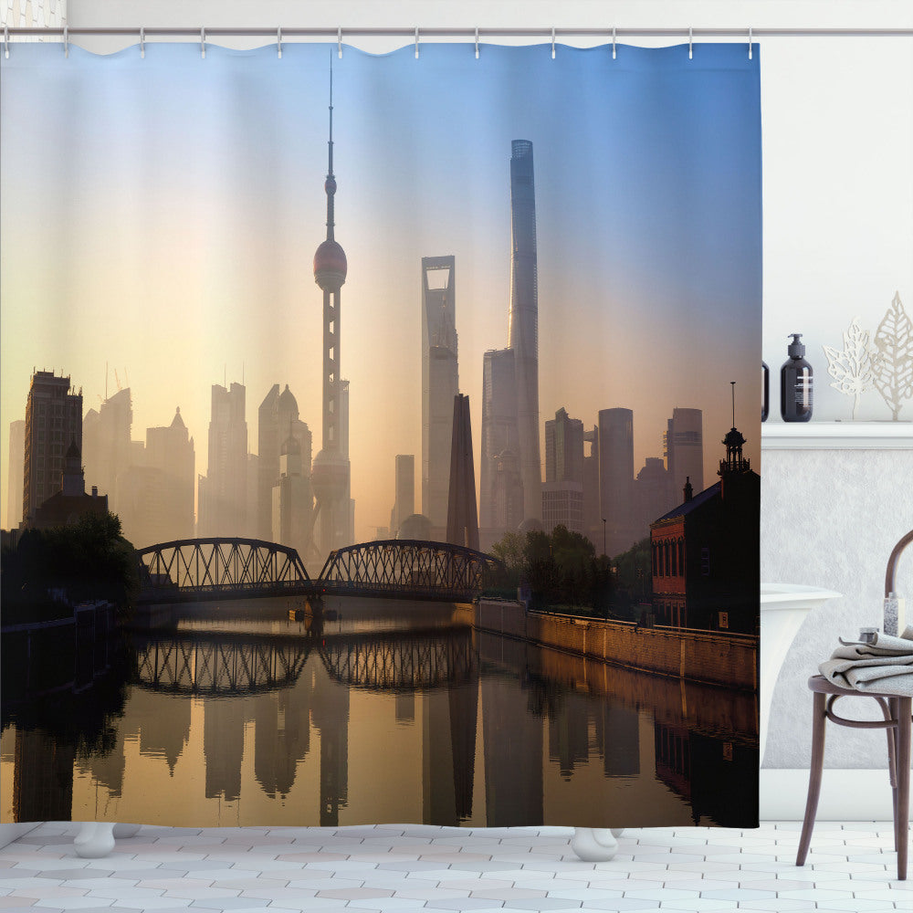 Brown and Blue Shanghai Morning Landscape Shower Curtain