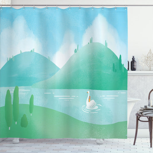 Swans and Seafoam: Spring Pastoral Landscape Inspired Bath Curtain in Pale Blue and Sea Green