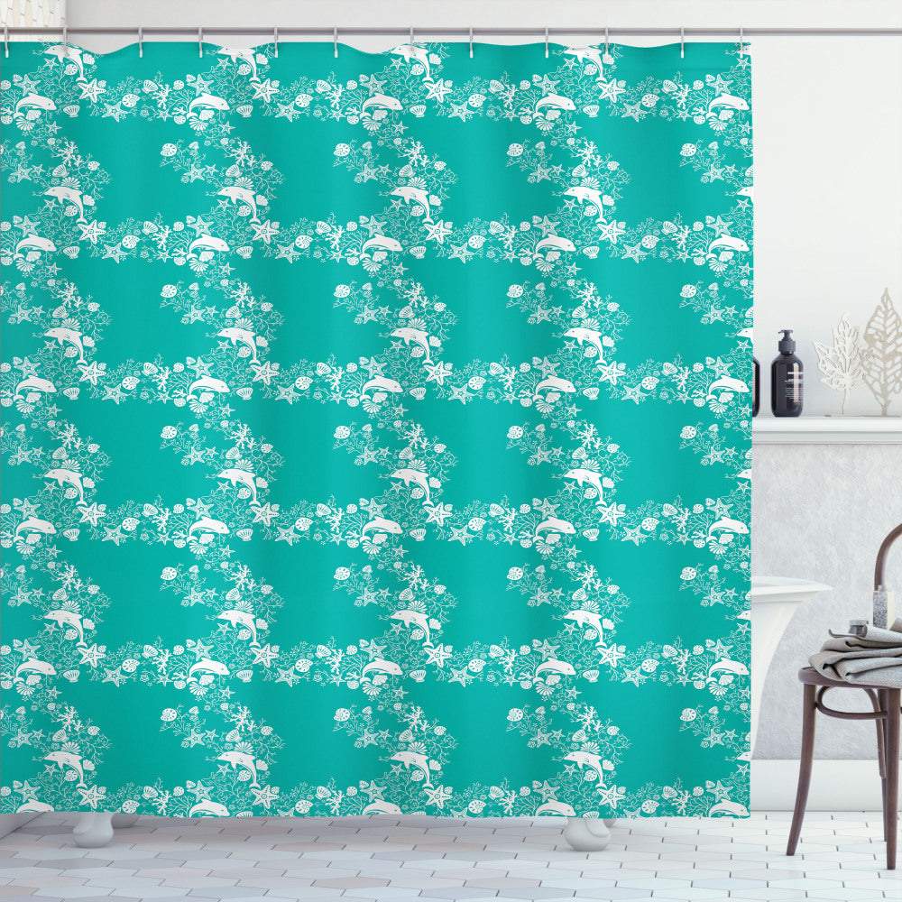 Turquoise and White Fish and Starfish Dolphins Shower Curtain