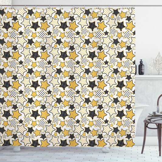 Vintage Yellow Marigold, White, and Black Polka Dotted Stars Shower Curtain