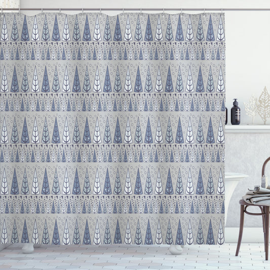 Winter-inspired Triangular Pine Trees Bath Curtain in Slate Blue, Taupe, and Sage