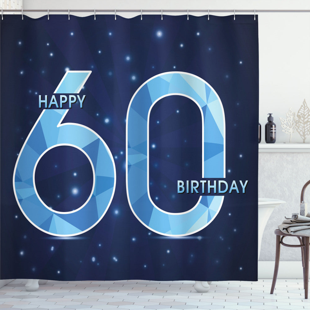 60th Birthday Celebration with Navy Blue and Sky Blue Stars Shower Curtain