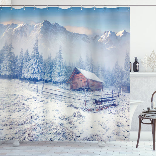 Winter Frost: Old Farmhouse Rustic Bath Curtain in Caramel, White, and Blue