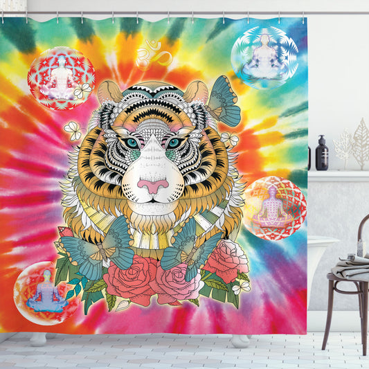 Animal Print Multicolor Tiger Head Ornate Theme Shower Curtain