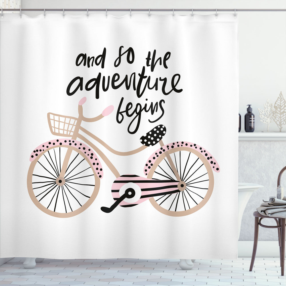 Adventure Nursery Pale Pink Beige Black Bicycle Pattern Shower Curtain