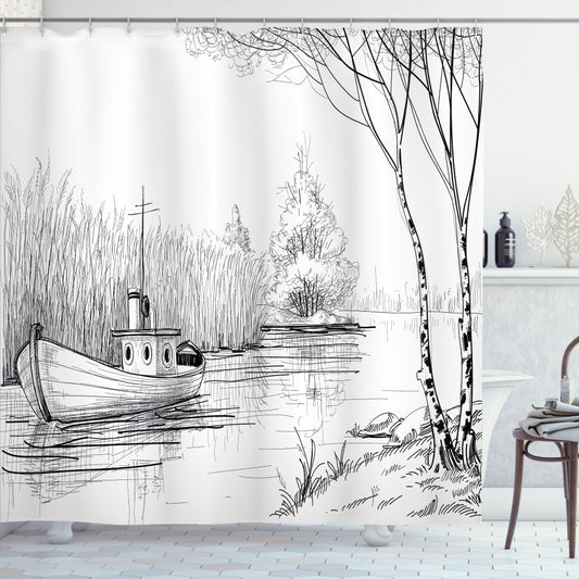 Black and White River Boat: Natural Beauty Inspired Shower Curtain