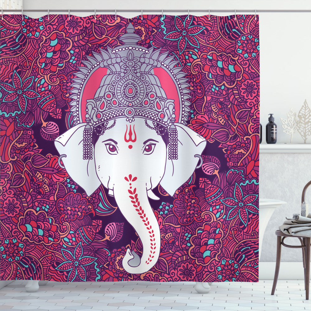 Asian Inspired Elephant Mandala Art Shower Curtain in Vibrant Purple and Pink Palette