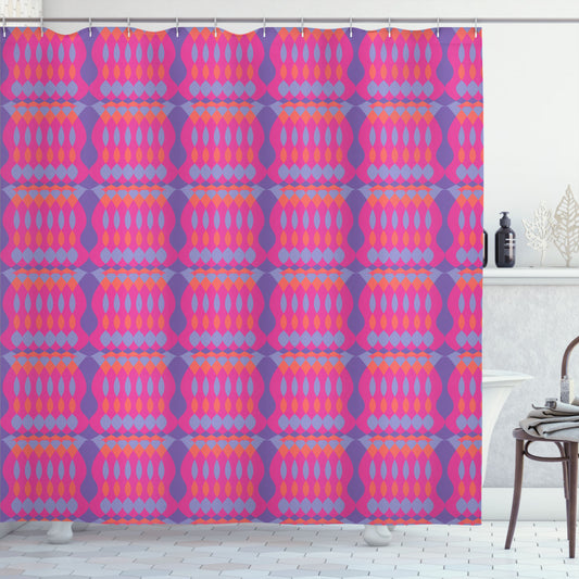 Abstract Oval and Diamond Bath Curtain in Blue Violet, Pink, Burnt Sienna, and Lavender Blue