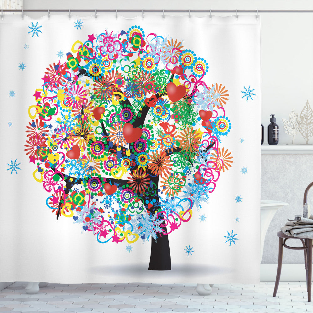 Tree of Life Multicolor Blooming Flowers Heart Shower Curtain