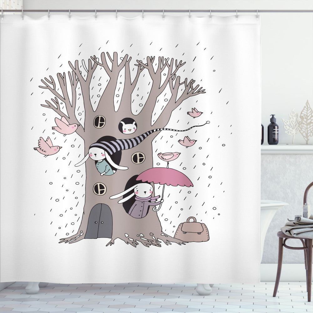 Bunny Family Rain Birds Shower Curtain in Tree, Pale Pink, and Taupe