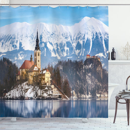 Winter Lake Scene Illustration in Multicolor for Shower Curtain Design