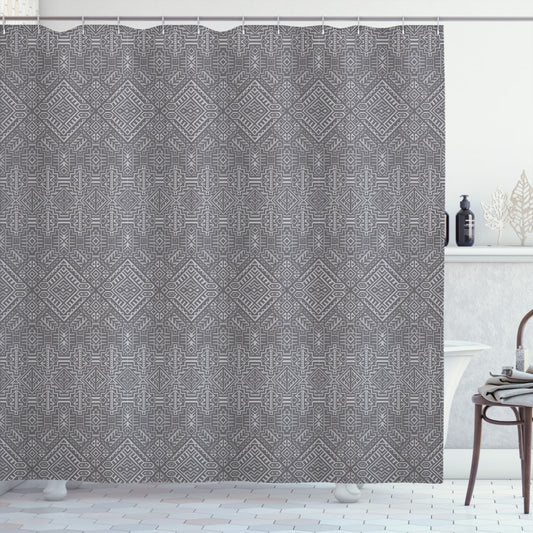 Aztec-inspired Pale Grey and Dimgray Symmetric Greyscale Motifs on Shower Curtain