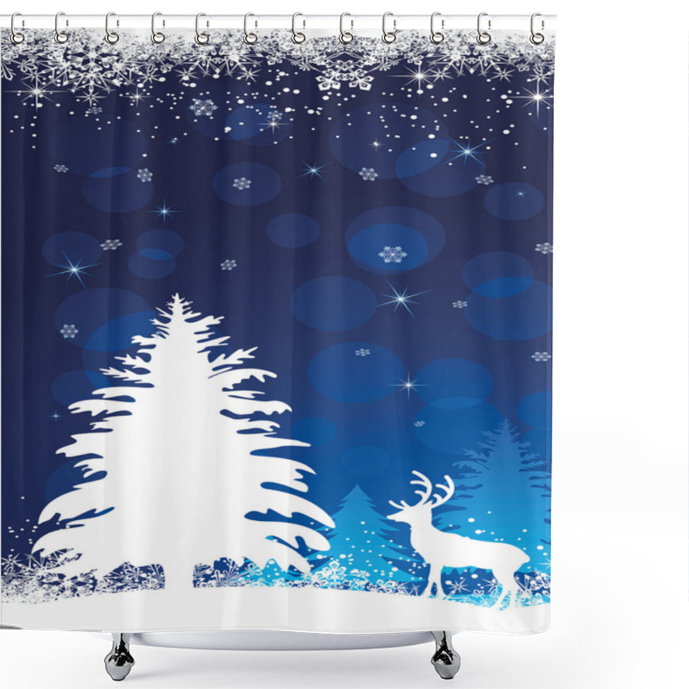 Christmas-Inspired Shadow Reindeer Pines Shower Curtain in White and Blue