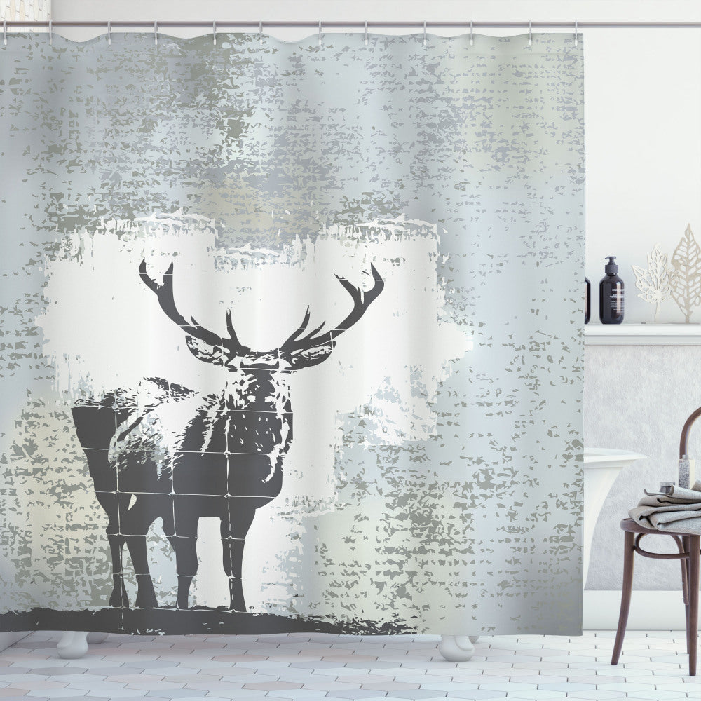 Antlers and Shadows: Black and Grey Stag Silhouette Grunge Shower Curtain